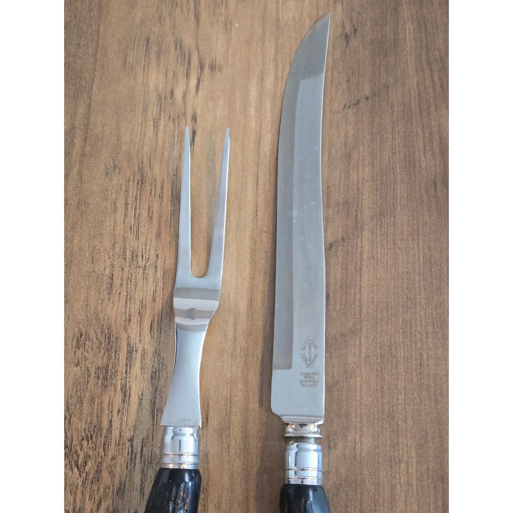 Vintage Sheffield England Stainless Steel Carving Set Faux Stag Handles 2 Piece